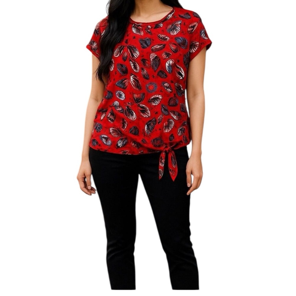 Cecil Women's M Red Butterfly Print Tie-Front Blouse Short Sleeve Casual